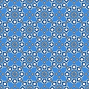 Mavi tonlarda, renkli kıvırcık yıldızlar, asil mavi arkaplan. Kumaş, tekstil, hediye paketleme tasarımı ve reklam da dahil her türlü basılı materyal için harika..