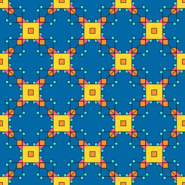 Parlak dikişsiz çapraz iz, renkli karelerden geometrik arkaplan, mavi fon. Kumaş, tekstil, hediye paketleme tasarımı ve reklam da dahil her türlü basılı materyal için harika..