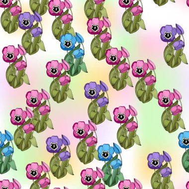 Parlak dikişsiz çiçek deseni, renkli laleler ve tomurcukları. Soluk renkli, benekli arka plan. Kumaşlar, tekstil, hediye paketleme tasarımı, basılı malzemeler ve reklamlar için harika..