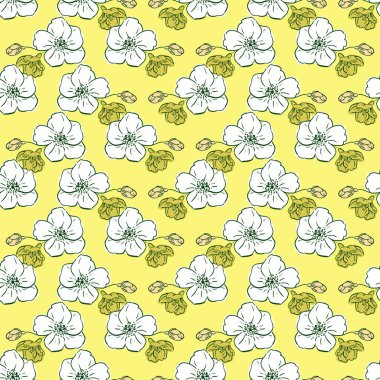 Çiçeksiz yay deseni. Büyük ışık çiçekleri ve küçük tomurcuklar, sarı arkaplan. Kumaşlar, tekstil, hediye paketleme tasarımı, basılı malzemeler ve reklamlar için harika..