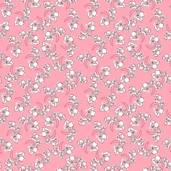 Kırmızı çizgili küçük çiçeklerin çiçek desenleri. Pembe arka planda kusursuz soyut desen. Kumaş, tekstil, hediye ambalajı, baskı malzemesi, iç mekan, reklam için harika..