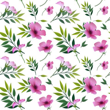 Kusursuz çiçek deseni, pembe çiçekli parlak mor ve yapraklı yeşil dallar, beyaz arka plan. Kumaş, tekstil, hediye ambalajı, baskı malzemesi, iç mekan, reklam için harika..