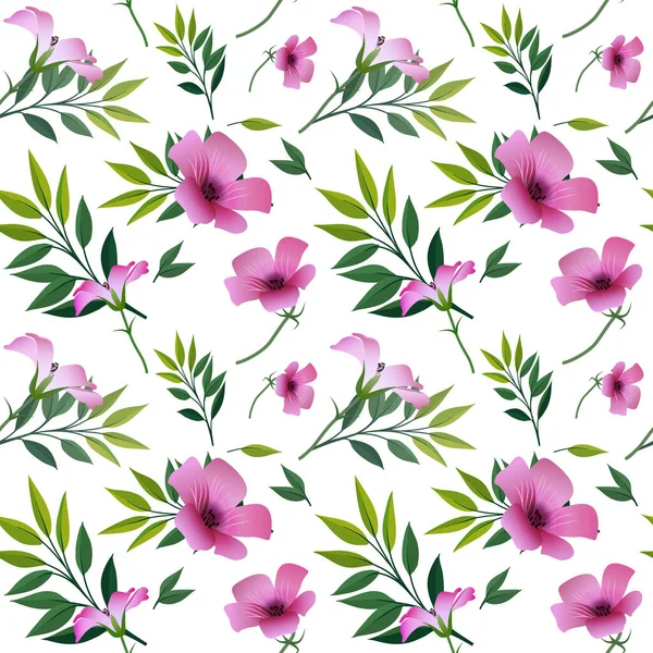 Kusursuz çiçek deseni, pembe çiçekli parlak mor ve yapraklı yeşil dallar, beyaz arka plan. Kumaş, tekstil, hediye ambalajı, baskı malzemesi, iç mekan, reklam için harika..