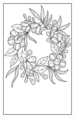 Soyut çiçek ve yaprakların güzel çiçek ve çiçek sınırları. Çizgilerden siyah beyaz sanat tasarımı. Yetişkinler ve çocuklar için boyama sayfaları, kartpostallar, tatil davetiyeleri. 