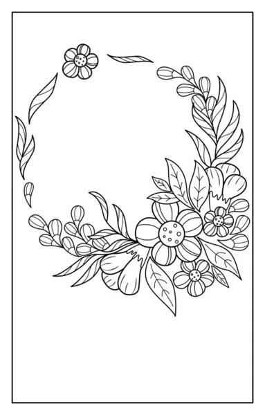 Στεφάνι Από Αφηρημένα Λουλούδια Και Φύλλα Περιγράμματος Ασπρόμαυρη Floral Εικονογράφηση — Διανυσματικό Αρχείο