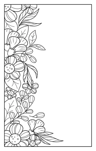 Verticale Zwart Witte Rand Van Contourbloemen Bladeren Fantastische Abstractie — Stockvector