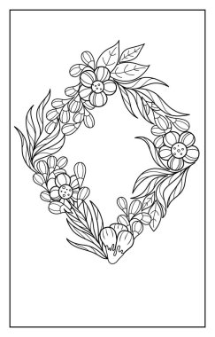 Çiçekli çelenk, siyah-beyaz biçimlendirilmiş şekil. Yetişkinler ve çocuklar için boyama sayfaları, kartpostallar, tatil davetiyeleri.