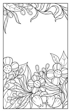 Çiçek çevresi. Siyah ve beyaz çiçek desenleri ve yapraklar yazı için yer açıyor. Yetişkinler ve çocuklar için boyama sayfaları, kartpostallar, tatil davetiyeleri.