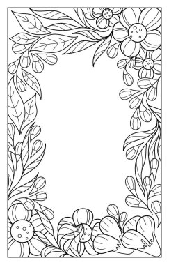 Çiçeksel soyut çerçeve, siyah beyaz tasarım. Yetişkinler ve çocuklar için boyama sayfaları, kartpostallar, tatil davetiyeleri.