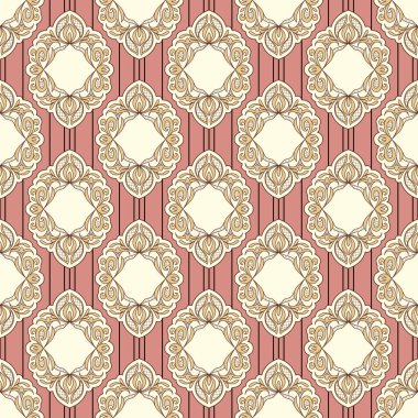 Çiçek stilinde, klasik dantel elementlerin kusursuz deseni. Pembe çizgili arka plan. Kumaşlar, tekstil, hediye paketleme tasarımı, basılı malzemeler ve reklamlar için harika..