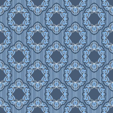 Mavi renklerde, kusursuz bir klasik desen. Dekoratif dantel elementler çizgili arka planda çiçek tarzında. Kumaş, tekstil, hediye ambalajı, basılı materyal, reklam için harika..