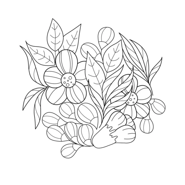 Niedliches Florales Schwarz Weiß Arrangement Konturenstrauß Aus Blumen Blättern Und — Stockvektor