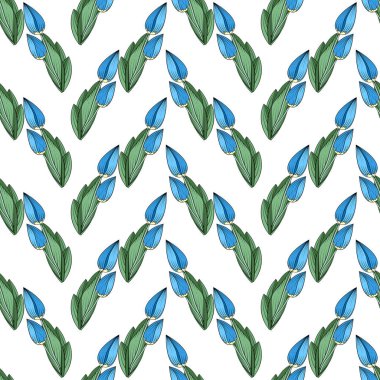Kusursuz çiçek izi, mavi lale tomurcukları, yeşil yapraklar, beyaz arka plan. Kumaş, tekstil, hediye paketleme tasarımı ve reklam da dahil her türlü basılı materyal için harika.