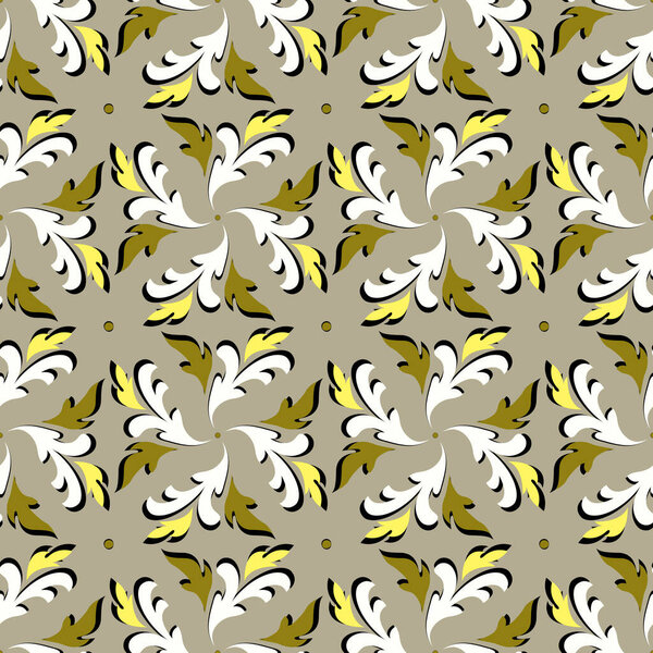 Monochrome oriental pattern in the style of damask. Seamless print of large elements, colored curly twigs. Great for decorating fabrics, textiles, gift wrapping, printed materials, advertising.