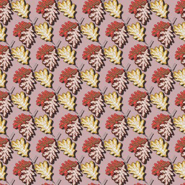 Parlak renkli meşe yapraklarının kusursuz deseni. Kumaşlar, tekstil, hediye paketleme tasarımı, basılı malzemeler, reklamlar ve diğer tasarımlar için harika..