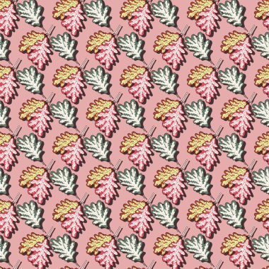 Renkli sonbahar yapraklarının kusursuz desenleri kahverengi, pembe ve yeşil renklerde meşe yaprakları. Kumaş, tekstil, hediye ambalajı, baskı malzemesi, iç mekan, reklam için harika..