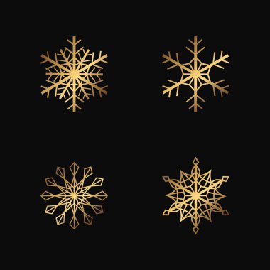 Siyah arkaplanda altın kar taneleri var. İzole ana hatlar ayarlandı. Kış dekorasyonu için altın koleksiyonu