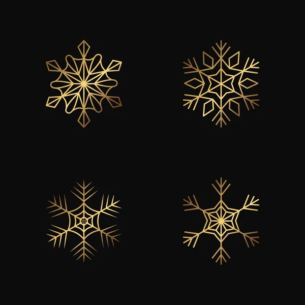 Vector Golden Snowflakes Black Background Isolated Outline Flakes Set Gold — Stock Vector