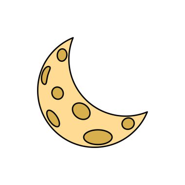 Vektör karikatür Yarım Ay. Ayın izole edilmiş hali. Beyaz arka planda siyah çizgili renkli hilal.