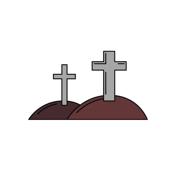 Vektorový Izolovaný Kříž Hřbitově Halloween Plochá Ikona Kopec Křížovou Siluetou — Stockový vektor