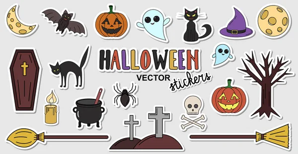 Naklejki Wektor Halloween Ustawione Kolorowa Kolekcja Piktogramów Wakacyjnych Tekst Narysowany — Wektor stockowy