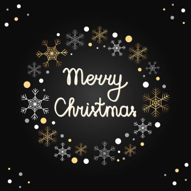 Kar taneleri ve noktaları olan yuvarlak bir çerçeve. Mutlu noeller çelenge harfler çizdi. İzole edilmiş altın ve beyaz kar taneleri daire şeklinde dizilmiş. Yeni yıl tasarımı için tatil çelengi.