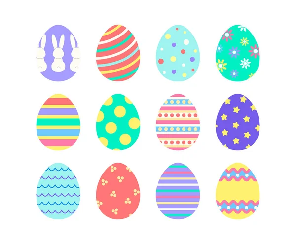 Komik desenli renkli düz paskalya yumurtaları. Dekorasyon için bahar tatili seti. Beyaz arkaplanda izole vektör simgeleri.