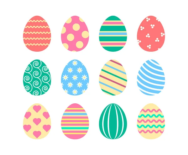 Цветные Плоские Пасхальные Яйца Смешными Узорами Весенний Праздничный Набор Украшения — стоковый вектор