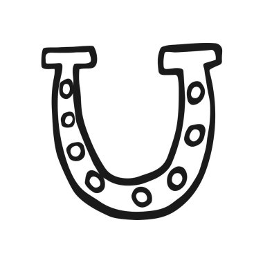 Elle çizilmiş at nalı simgesi. İzole edilmiş bir sembol. Beyaz arka planda resim. Baskı ve boyama kitapları için tasarım. Oyun için karikatür kıyafetleri çizimi. Çizik at nalı ögesi