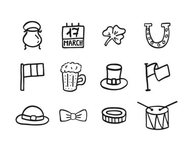 Aziz Patrick Günü için vektör simgeleri. Beyaz arka plana elle izole edilmiş resimler çizdim. 17 Mart kutlamaları. Yonca, bira, İrlanda bayrağı, bozuk para, davul, su ısıtıcı, şapka, leprikon eşyaları.