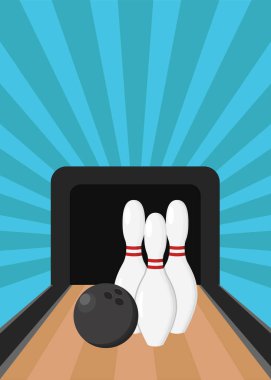 Bowling lobutları ve topları şeritte. Çizgili mavi arka plan. Bowling turnuvası afişi.