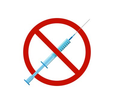 Aşı vektörü konsepti yok. Mavi sıvı ve yasak işareti olan şırınga.