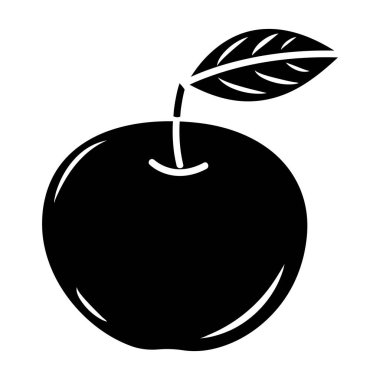 Vektör kabartma elma ikonu. Çizgi film tarzında izole edilmiş meyve silueti. Beyaz arkaplanda siyah meyve resmi