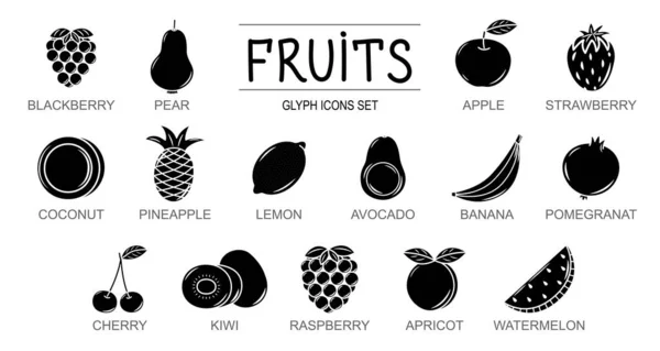 Vektor Glyphen Symbole Aus Früchten Und Beeren Vereinzelte Schwarze Fruchtsilhouette — Stockvektor