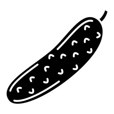 Vector glyph salatalık ikonu. Damgalamak için izole edilmiş siyah sebze şekli. Beyaz arka planda çizgi film bakkal silueti.