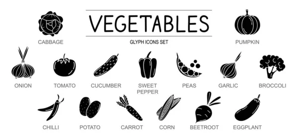 Vektorglyphen Symbole Für Gemüse Vereinzelte Schwarze Silhouette Von Lebensmitteln Auf — Stockvektor