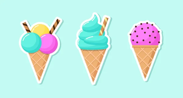 Ice Cream Vector Sticker Set Light Background Colorful Cold Dessert — Stock Vector