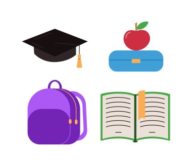 Renkli okul unsurları ayarlandı. Beyaz arka planda eğitim koleksiyonu için izole ekipman.