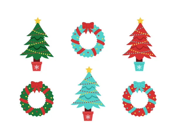 Coleção Vetor Árvore Natal Abeto Decorado Grinalda Para Férias Inverno —  Vetores de Stock