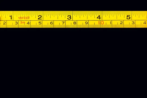 Tape Measure Centimeters Millimeters Yellow Ruler Sizes Numbers Black Board — Stock Photo, Image