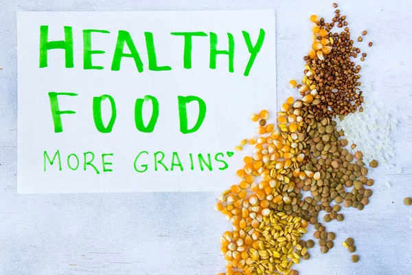 Healthy grains, full of vitamins on the white background and green text