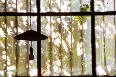 Eski binadaki eski pencereler ve fabrikadaki hafif ekipman, güneş ışığı