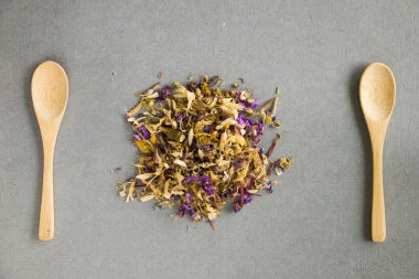 Bitkisel ve doğal kuru çay seti, çay çeşitleri ve gri arka planda tahta kaşıklar.