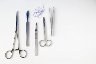 Anatomi ve Biyoloji öğrencileri için Paslanmaz Çelik Aletleri beyaz arka planda