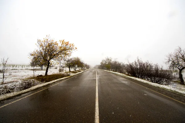 Autoroute Pendant Les Chutes Neige Asphalte Gelé Arbres Enneigés Paysage — Photo