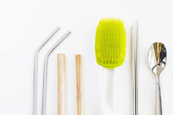 Low Waste Things Bamboo Metal Straw Metal Spoon Chopsticks White — Stock Photo, Image