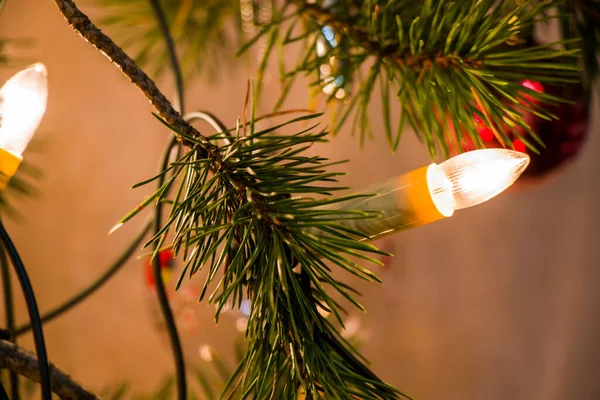Χριστουγεννιάτικο Δέντρο Και Φώτα Κοντινό Πλάνο — Φωτογραφία Αρχείου