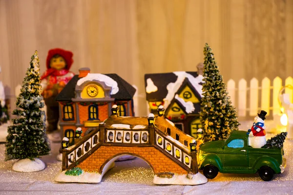Città Giocattolo Natale Casa Neve Luce Giocattoli Decorazioni Tema Natale — Foto Stock