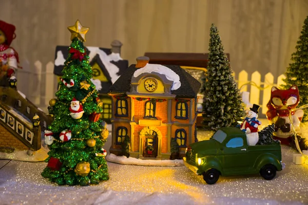 Cidade Brinquedo Natal Casa Neve Luz Brinquedos Decorações Tema Natal — Fotografia de Stock