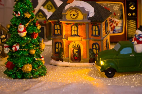 Boże Narodzenie Zabawki Miasto Dom Śnieg Światło Zabawki Dekoracje Boże — Zdjęcie stockowe